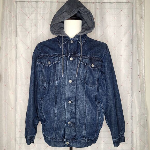 Vintage Route 66 Hybrid Hoodie Denim Jean Trucker Jacket Size Small - Picture 1 of 8